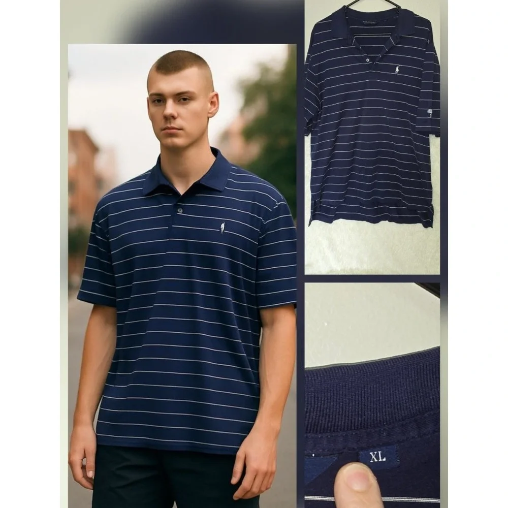 Ralph Lauren Mens Polo Knit Short Sleeve Cotton Blue Stripe‎ Logo Shirt Size Xl